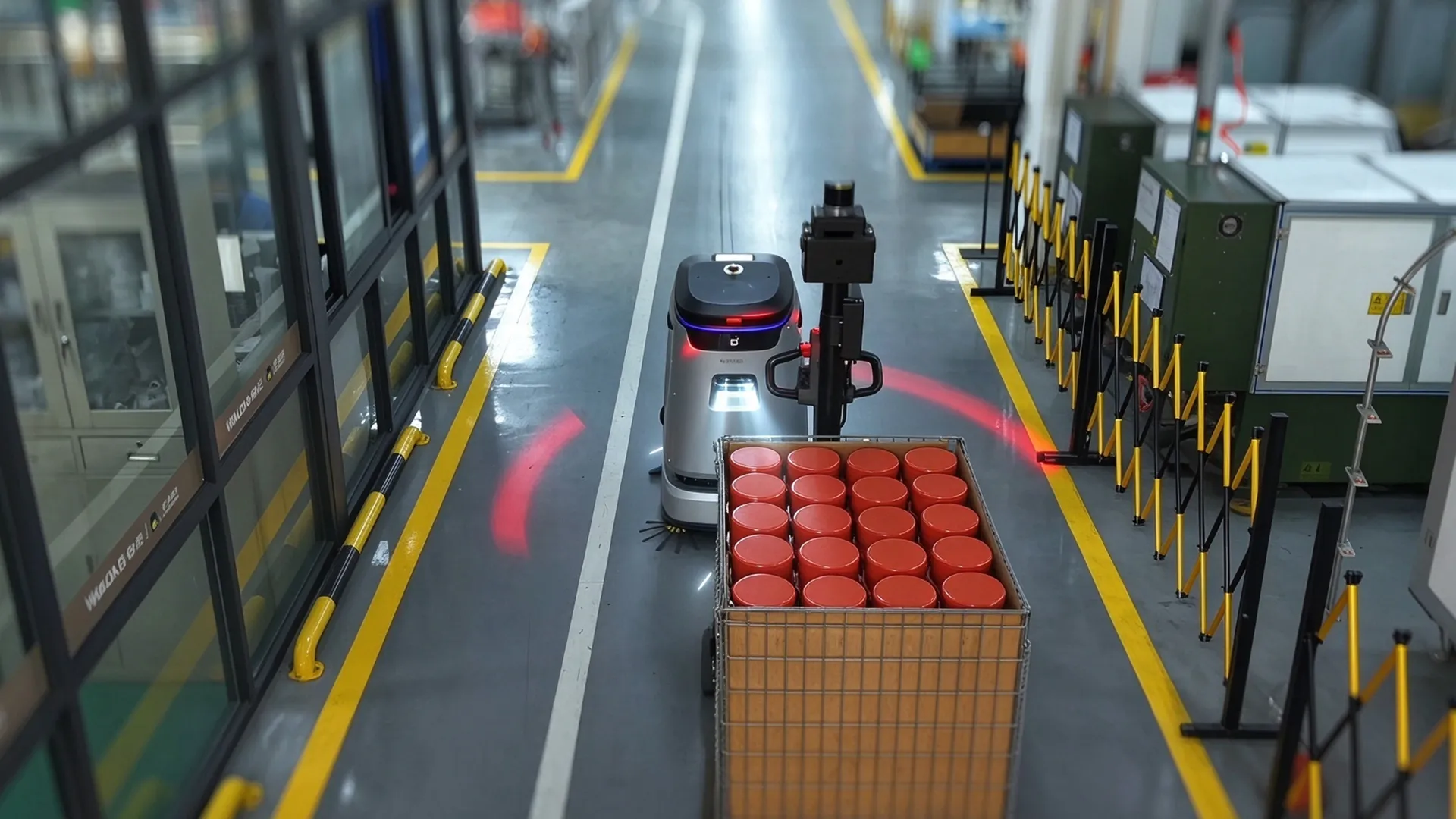 C5 following a material cart across the factory floor