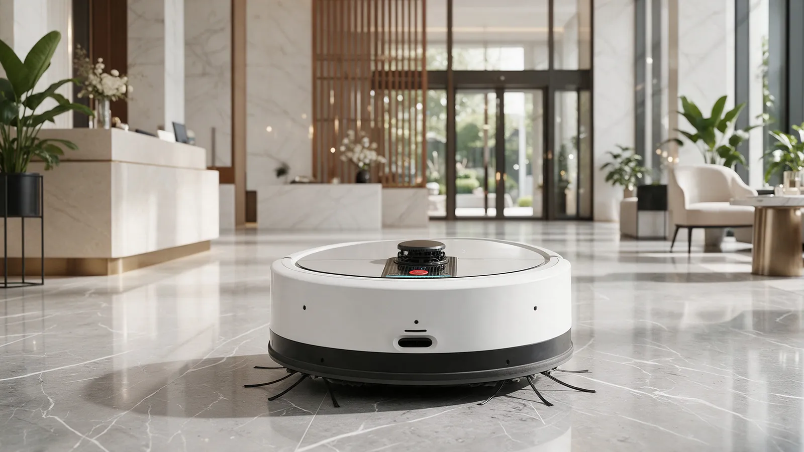 C2 crossing a hotel lobby between check-ins