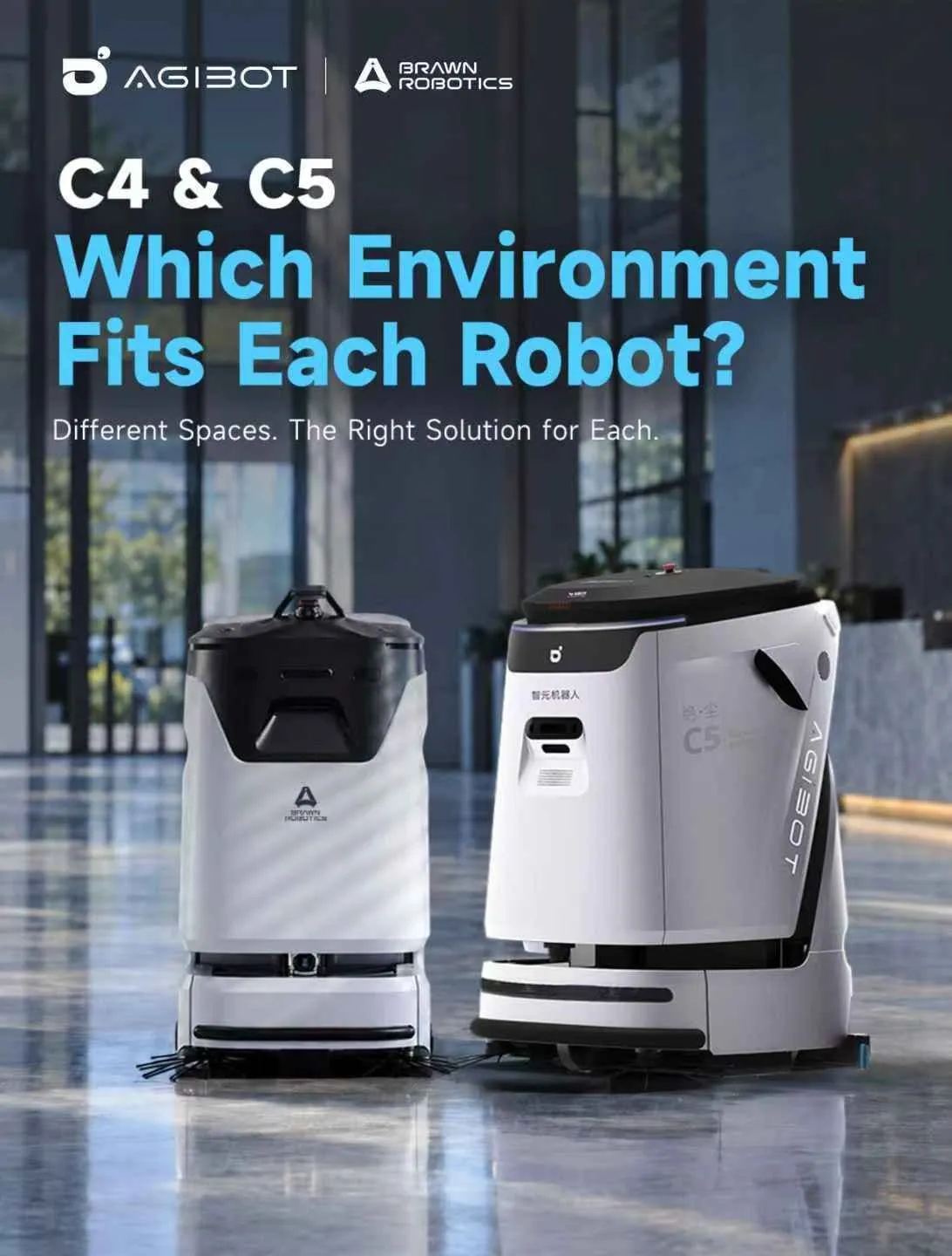 An AGIBOT C4 and an AGIBOT C5 cleaning robot side by side in a bright lobby