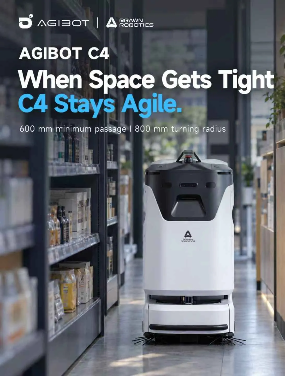 An AGIBOT C4 cleaning robot working down a supermarket aisle with shelves on both sides