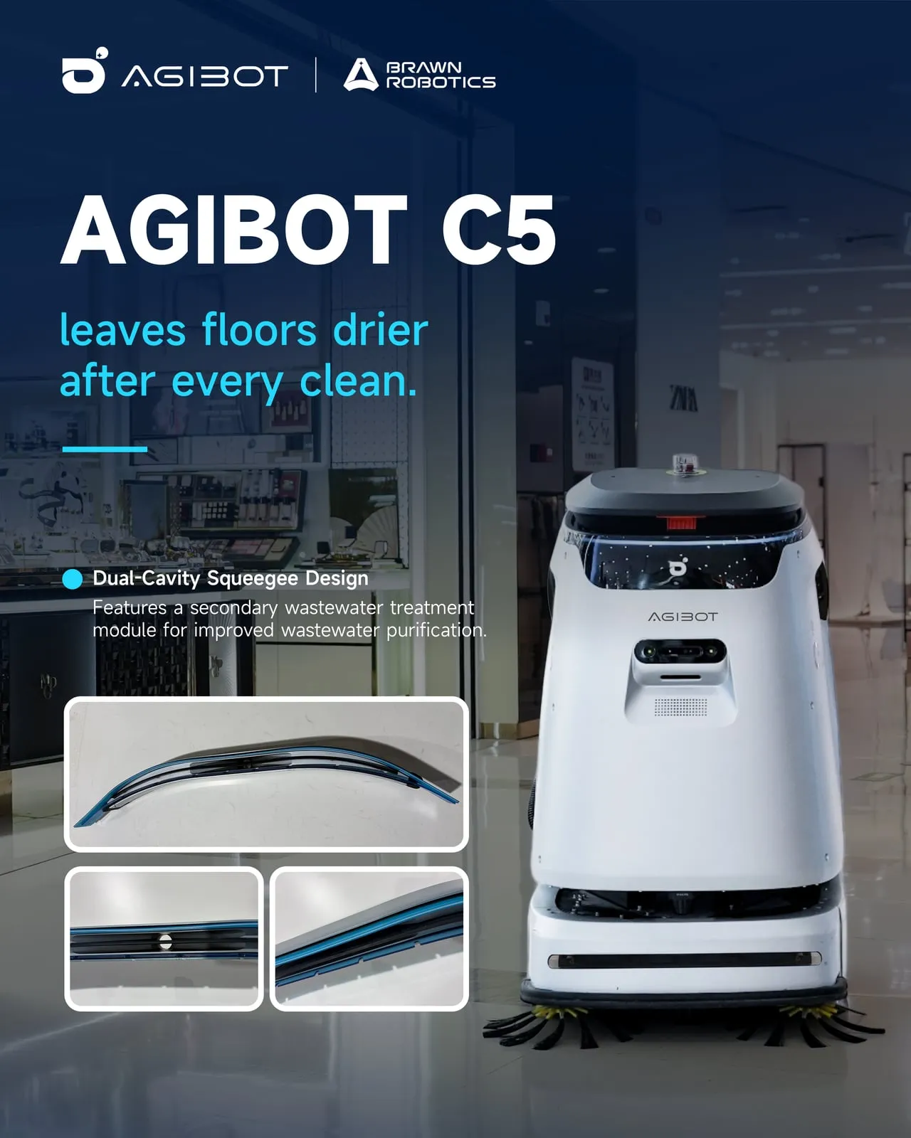 AGIBOT C5 poster with insets showing the dual-chamber squeegee design