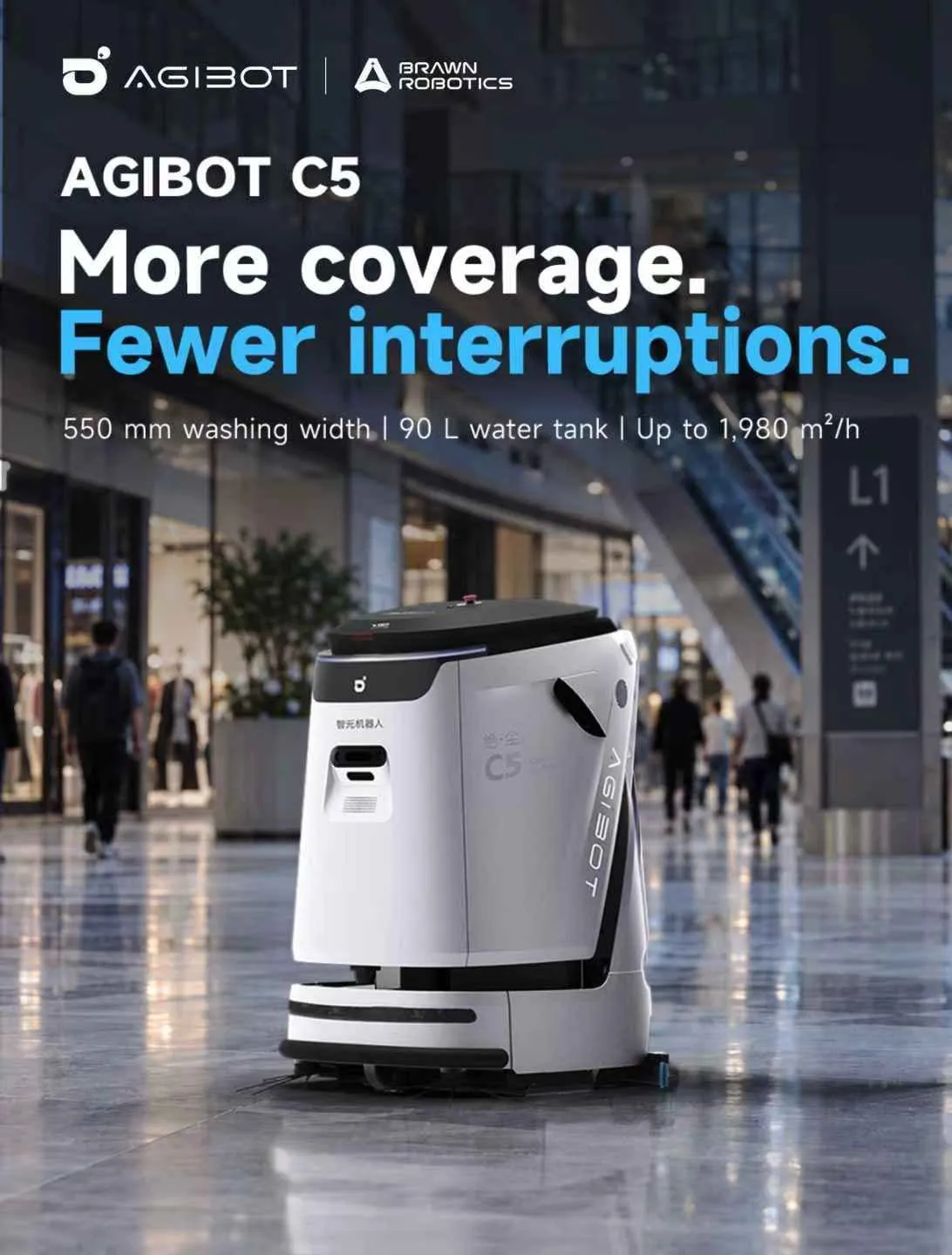 An AGIBOT C5 cleaning robot on the polished floor of a shopping mall corridor