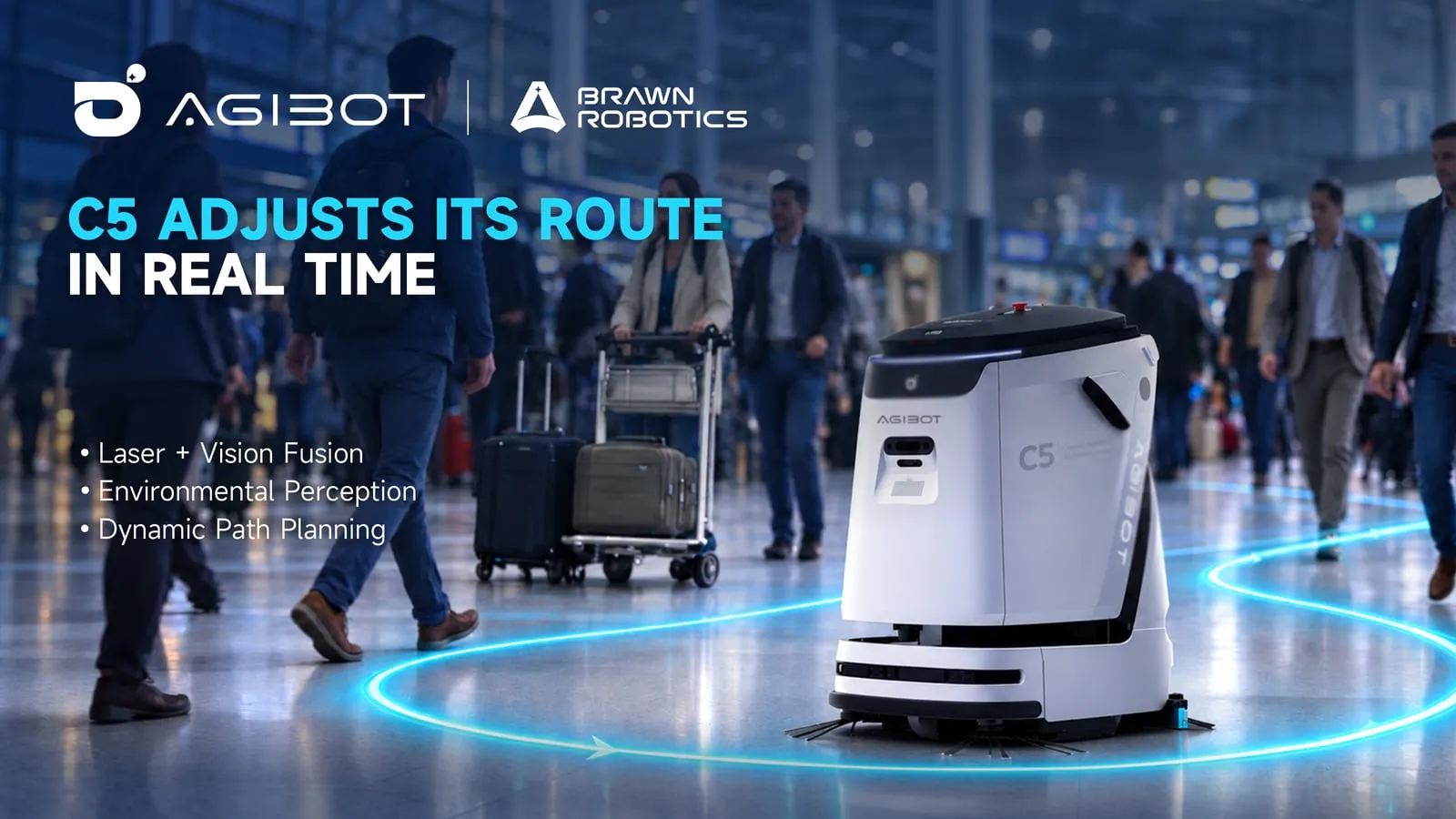 Poster: the AGIBOT C5 adjusts its route in real time among passengers and luggage at a transport hub