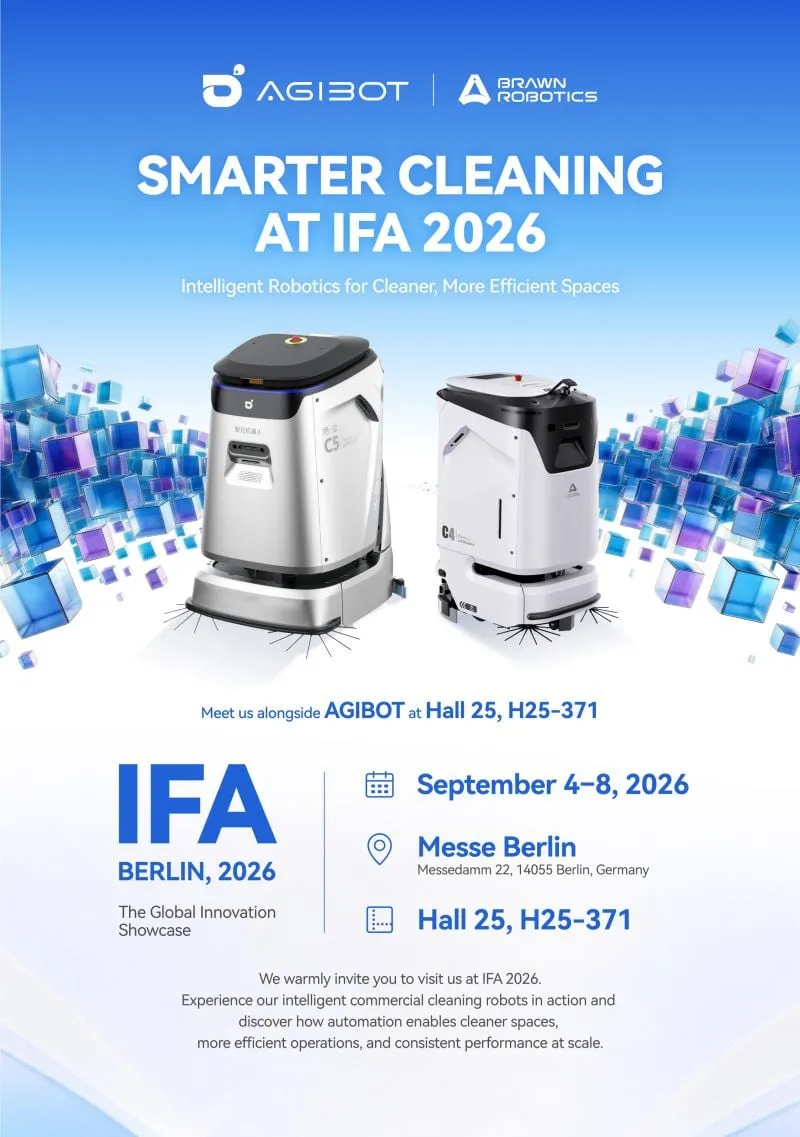 IFA 2026 invitation poster with the AGIBOT C4 and C5 cleaning robots in a bright hall